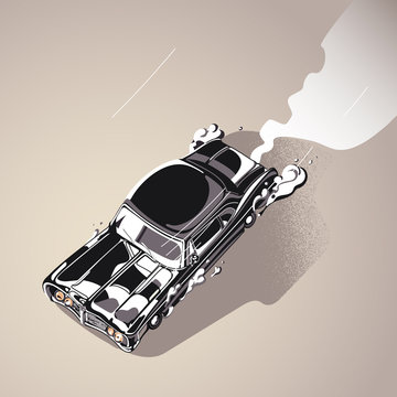 Retro sport car. Muscle car. Exhaust. Vector illustration
