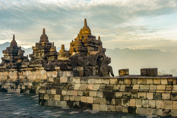 Dramatic view of ancient stupa borobudur temple. the world's largest Buddhist temple and UNESCO World Heritage Site. Magelang, Yogyakarta,Central Java, Indonesia