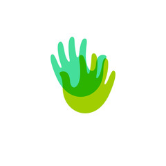 Two palms. Handmade symbol. Green transparent handbreadth logo. Hand picking icon. Care symbol.