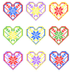 Set of Bright Hearts with Ornaments made out of the Cross.