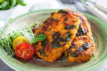 Crispy sweet potato fritters with spinach