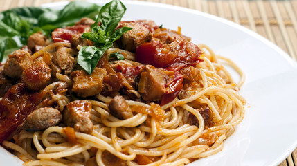 Spaghetti in tomato sauce with chicken