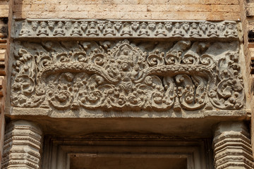 Ancient stone bas-relief in Angkor Wat temple, Cambodia. Ancient temple floral decor. Angkor Wat detail