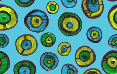 Seamless pattern with turquoise blue and warm green abstract decorative circles painted in felt tip pen on light blue background