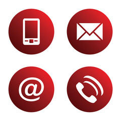 Vector icon set: red spherical communication icons - mobile phone, envelope, e-mail address, phone	