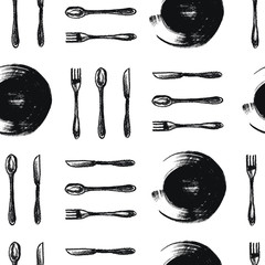 Silverware. Seamless pattern of spoons, knifes, plates and korks painted by chalkes. - 211052732