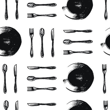 Silverware. Seamless pattern of spoons, knifes, plates and korks painted by chalkes.