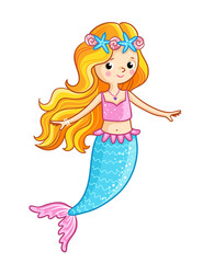 Mermaids among the fishes hold hands. Vector illustration on a sea theme in cartoon style. Picture with fish under water.