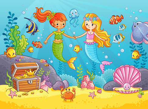 Mermaids among the fishes hold hands. Vector illustration on a sea theme in cartoon style. Picture with fish under water.