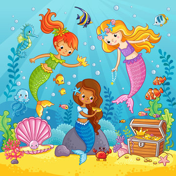Mermaids play under the water. Vector illustration on a sea theme in cartoon style. Picture with fish under water.