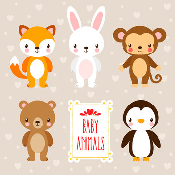 Vector set with cute animals in cartoon style. Illustration in the childrens style and place under the text.
