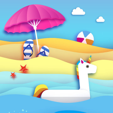 Giant inflatable Fantasy Unisorn in paper cut style. Beach Parasol - umbrella. Origami Pool float toy on the sunny beach,sand and crystal clear blue sea water. Beachball, flipflop. Holidays.