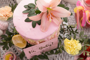 Tasty pink cake on a dessert table at a baby shower party for a girl