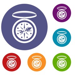 Compass icons set in flat circle red, blue and green color for web