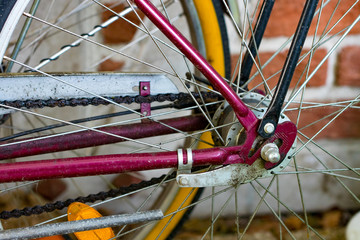 Axel and spoke section close-up of bicycle wheel in a cycle workshop