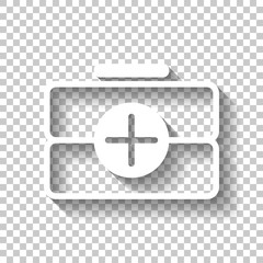 first-aid kit, outline symbol. White icon with shadow on transpa