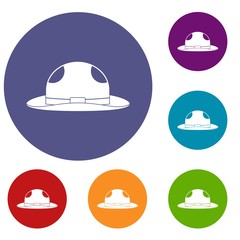Summer hat icons set in flat circle red, blue and green color for web
