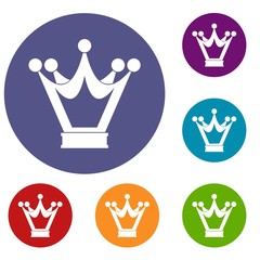 Princess crown icons set in flat circle red, blue and green color for web