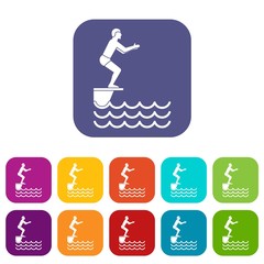 Man standing on springboard icons set vector illustration in flat style in colors red, blue, green, and other
