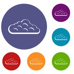 Sky cloud icons set in flat circle red, blue and green color for web