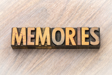 memories - word abstract in wood type