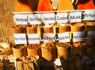 Selection of spices on a traditional Moroccan market souk in Marrakech