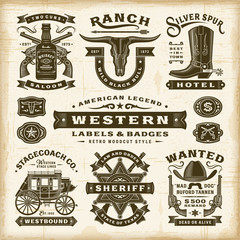 Vintage Western Labels And Badges Set. Editable EPS10 vector illustration in retro woodcut style with transparency.