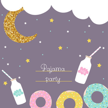 Pajama Party Cute Flyer With Donut, Milk And Glitter Moon. Vector Hand Drawn Illustration.