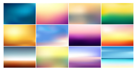 Vector illustration set of blurred backgrounds in pastel colors. Imitation of out of focus colorful bright sunrise and sunset.