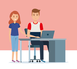 young couple in the workplace avatars characters vector illustration design