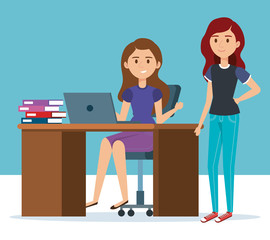 young girls in the workplace avatars characters vector illustration design