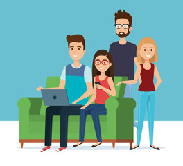 group of young people in the sofa avatars vector illustration design