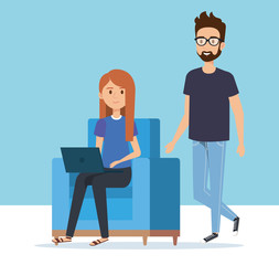 Obraz premium young couple in the sofa avatars characters vector illustration design