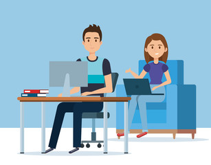 young couple in the workplace avatars characters vector illustration design