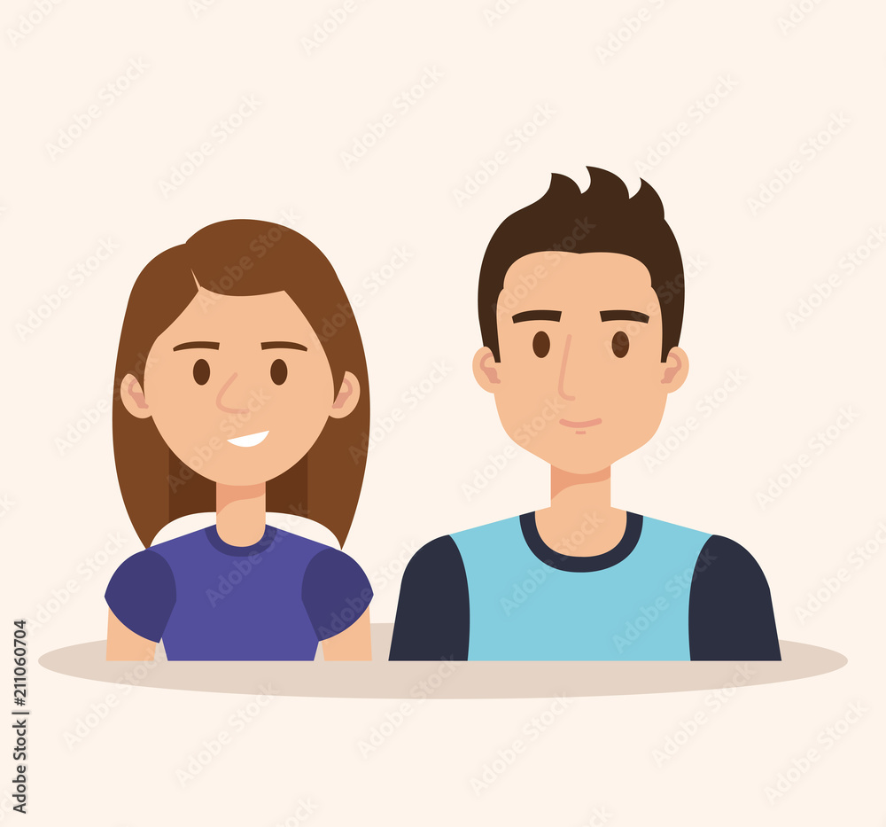 Sticker young couple avatars characters vector illustration design