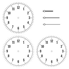 Set of round clock faces. Design for men. Blank display dial of mechanical, electrical device with figures for measuring time, hours, minutes, seconds hands. Vector