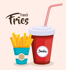 delicious french fries with soda vector illustration design