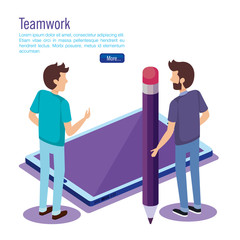 digital technology with teamwork people isometric vector illustration design
