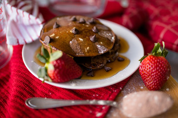 Chocolate Chip Pancakes with Maple Syrup