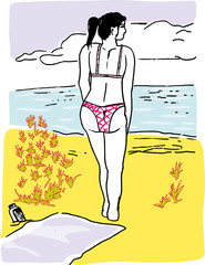 Girl in the beach.

illustration of young girl walking around seaside in the beach.