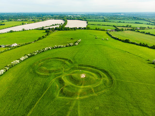 Aerial view of the Hill of Tara, an archaeological complex, containing a number of ancient...