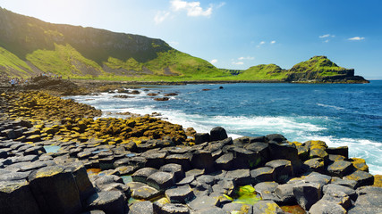 Giants Causeway, an area of hexagonal basalt stones, created by ancient volcanic fissure eruption, County Antrim, Northern Ireland.
