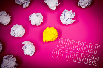 Writing note showing  Internet Of Things. Business photo showcasing Innovation Globalization Digital Electronics Connectivity Pink ground white paper lumps shadow yellow lob outline letters.