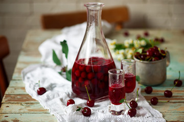 Cherry vodka..style vintage. selective focus