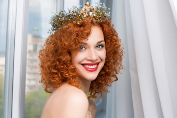 woman with crown fashion model person girl looking at you camera smiling © hbrh