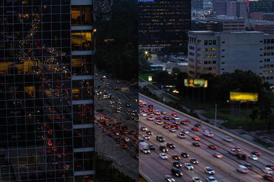 Freeway traffic reflected in building