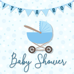 Vector image of an invitation card for a children's holiday. Baby Shower illustration for a boy on a blue background with a stroller, flags and inscriptions.