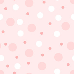 Seamless pattern of circles in pink colors. Illustration for girls at a of baby shower party with polka dots. Background for greeting or invitation cards.