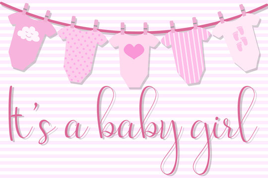 Vector image of an invitation card for baby shower. Greeting illustration for a girl on a pink striped background with the sliders on the rope and the inscription It's a baby girl.