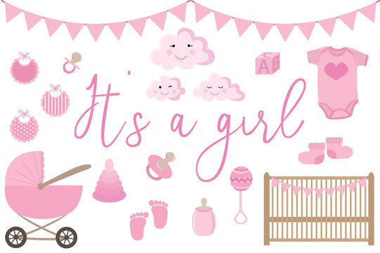 Vector image of an invitation card for baby shower. Set of items for greeting cards for a newborn girl. Illustration for a girl in pink tones.